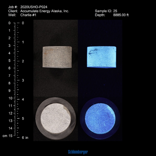 Photo under white light and UV light displaying strong fluorescence associated with the presence of oil in core taken from Upper Lima