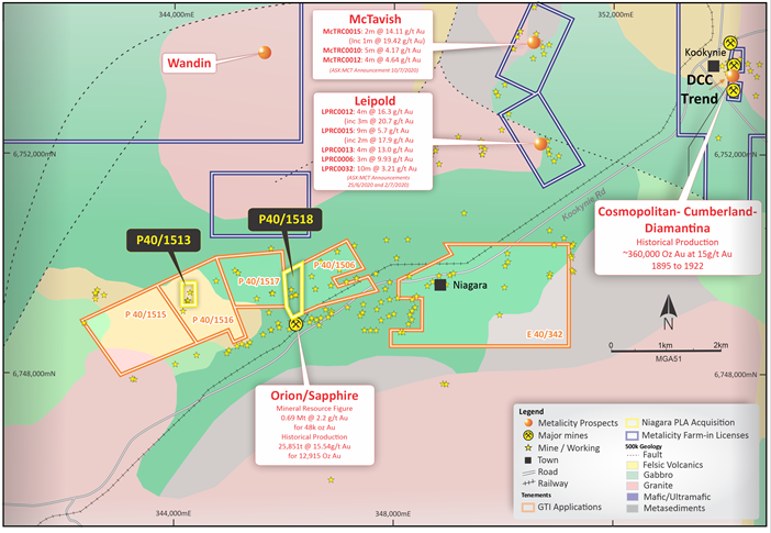 Niagara Project – Licences and Mineral Occurrences, Metalicity Prospects on 1:500,000 Geology.