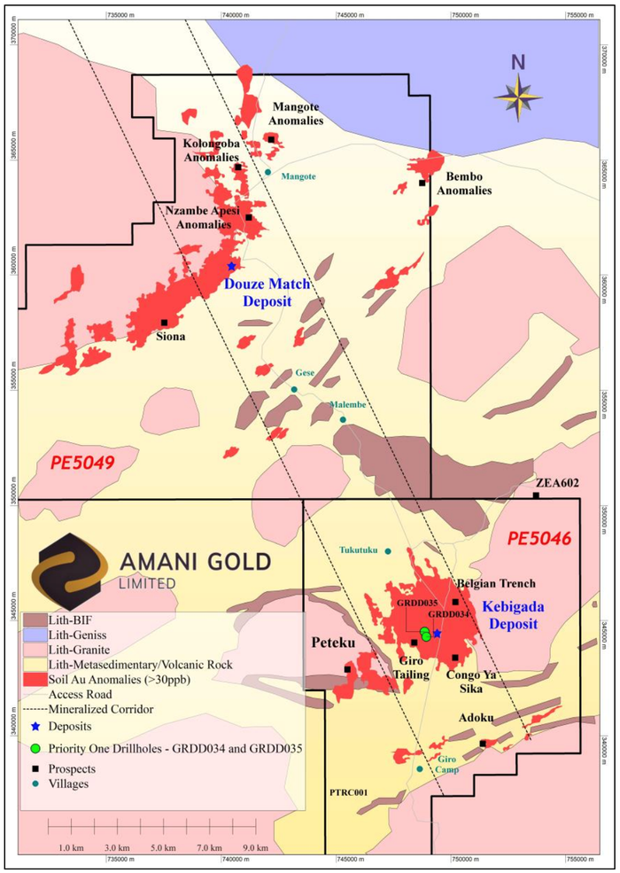 Giro Gold Project, showing tenement, surface geology, deposit and prospect locations and priority one diamond core drillholes GRDD034 and GRDD035 (Green) at Kebigada Deposit
