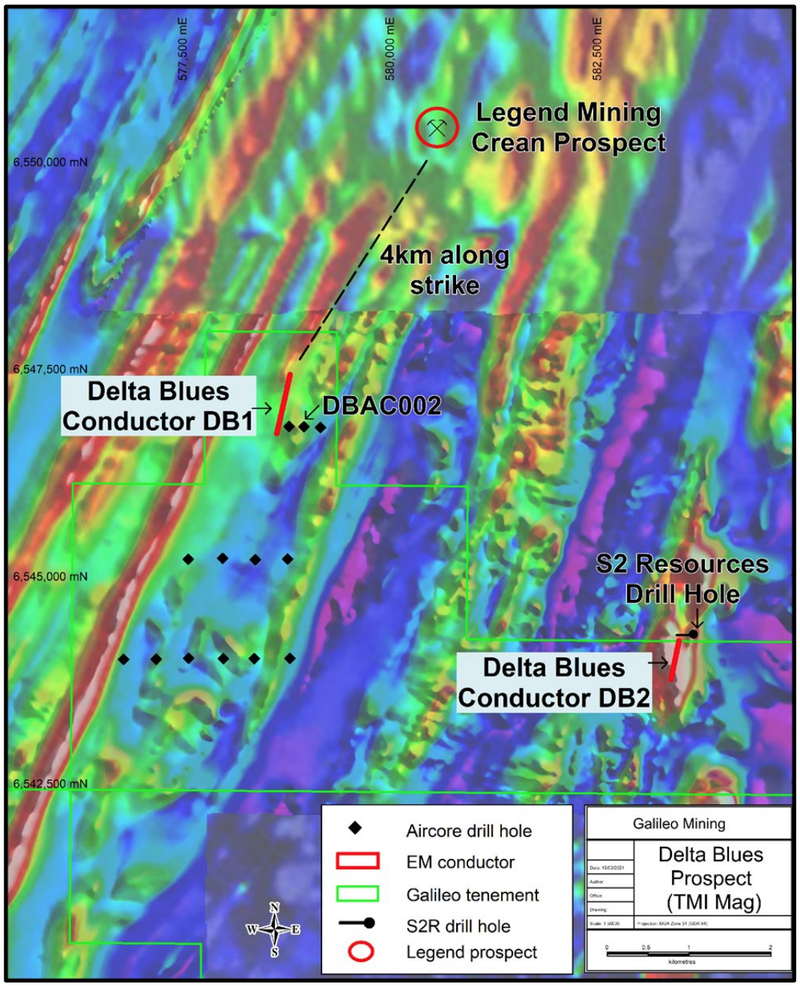 Delta Blues Conductors with Aircore Drilling and Neighbouring Prospects (TMI Magnetics)