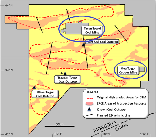 Tavan Tolgoi Coal Mine and Oyu Tolgoi Copper Mine (circled in blue) within EXR’s PSC area 