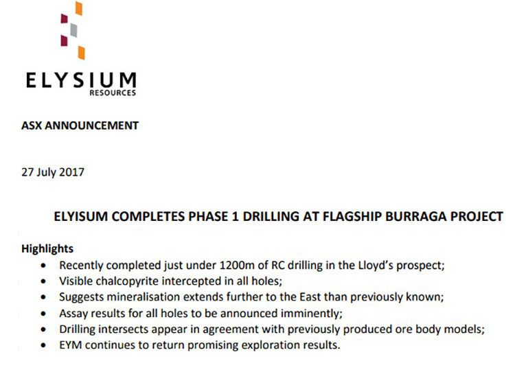 Elysium resources phase one drilling