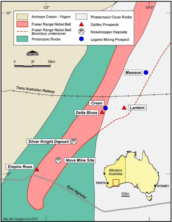 Fraser Range Nickel Belt: GAL"s prospect locations (Lantern, Empire Rose & Delta Blues) alongside LEG's Mawson & Crean, Creasy's Silver Knight Deposit and IGO's Nova Mine. 