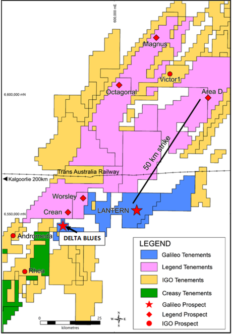 Galileo tenements (blue) surrounded by Legend Mining (pink) and IGO (yellow) tenure