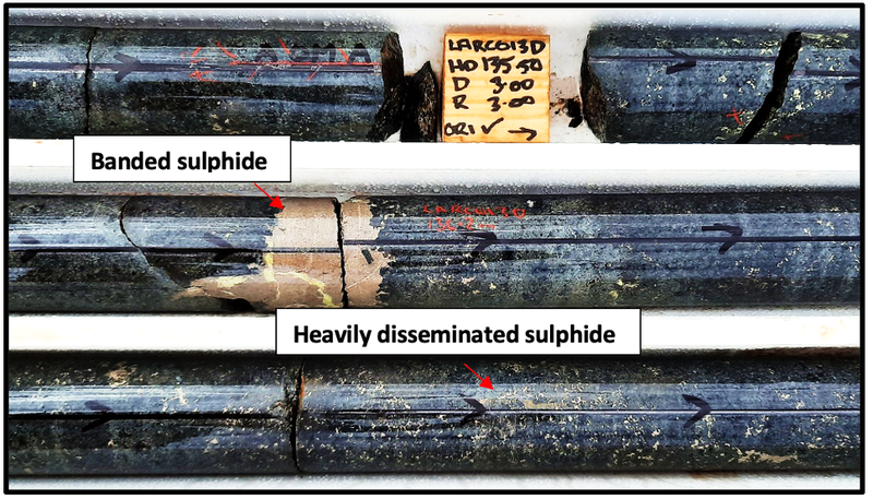 Disseminated, blebby and banded sulphide mineralisation 