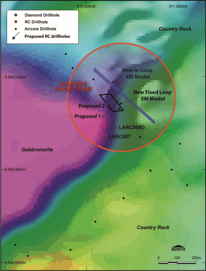 EM Models at the Lantern East Prospect with Initial Drillholes (LARC007 and LARC008D) and Proposed RC Drillholes over Magnetic Background (TMI Image).