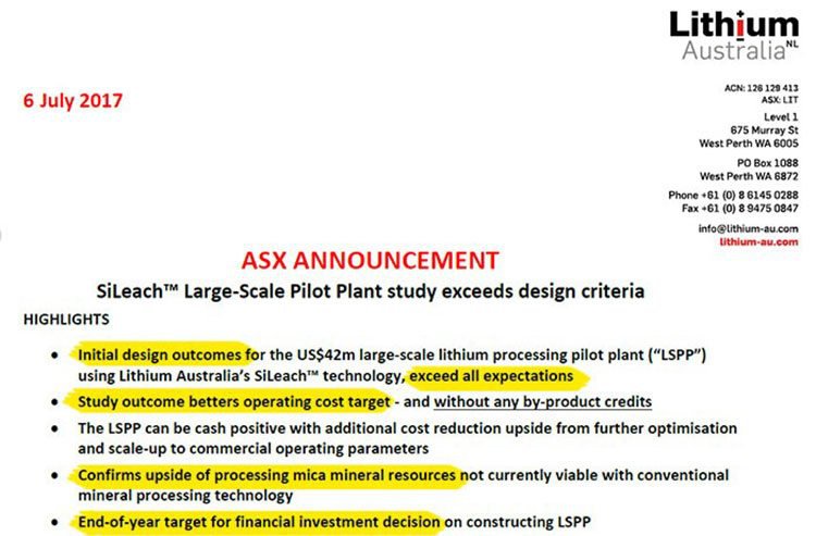 Lithium Australia ASX announcement