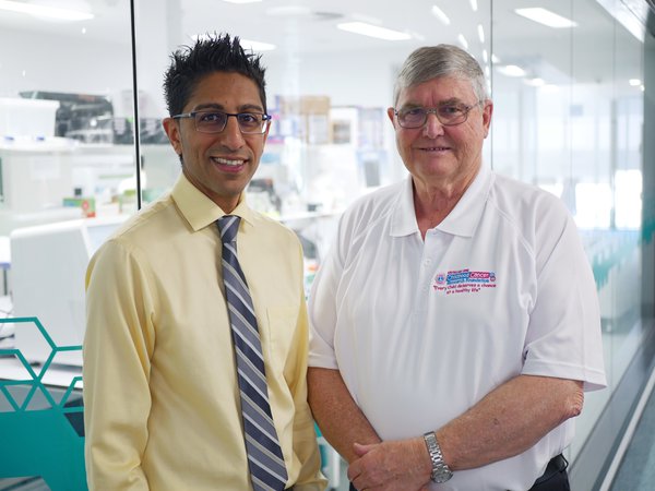 Telethon Kids cancer researcher Dr Rishi Kotecha with Australian Lions Childhood Cancer Research Foundation Trustee Peter Lamb.