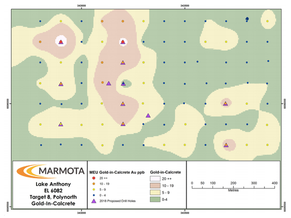 Target 8 (Polynorth) – Gold-in-calcrete anomaly with proposed drill holes