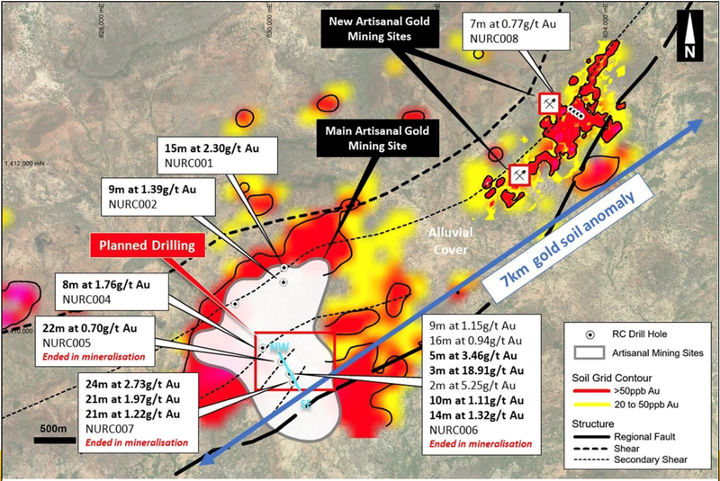 Significant previous drill results and priority planned drilling area (red rectangle)