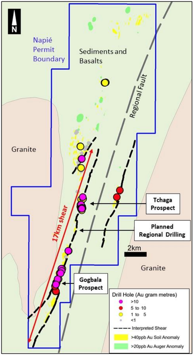 Napié Permit - Drill results along newly identified shear zones