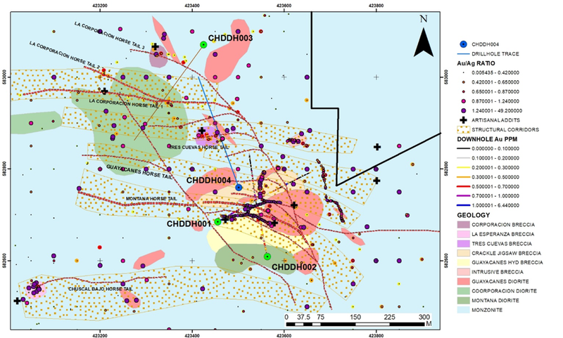 Preliminary interpretation of results to date has identified 6 potential structural corridors for epithermal gold mineralisation which carry the “horsetail” fault structures (red dashed lines) interpreted to be the conduit for vein gold mineralisation.  