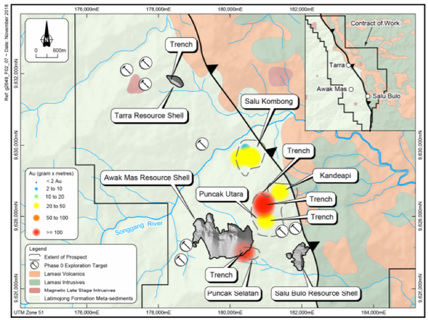 Current exploration areas, showing trench locations against near mine prospects identified as gram x metre anomalies.