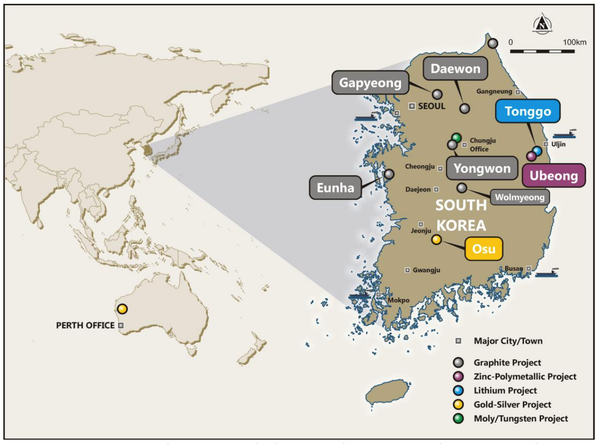 Gapyeong Graphite Project and other Peninsula Mines project locations in South Korea