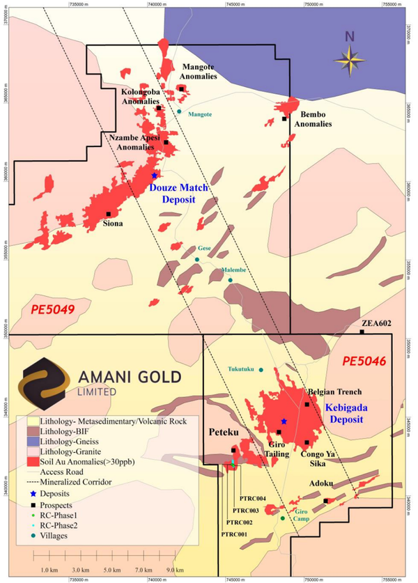 Surface geology, Kebigada and Douze Match gold deposits at Giro Gold Project, selected prospects, Au in soil anomalies and Peteku RC drillholes PTRC001-PTRC004