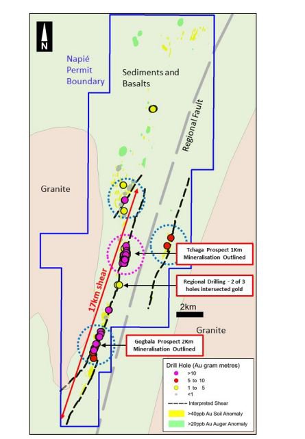 Figure 3. Prospects and drill targets at Napié (dashed lines: pink = high priority; blue = second priority)