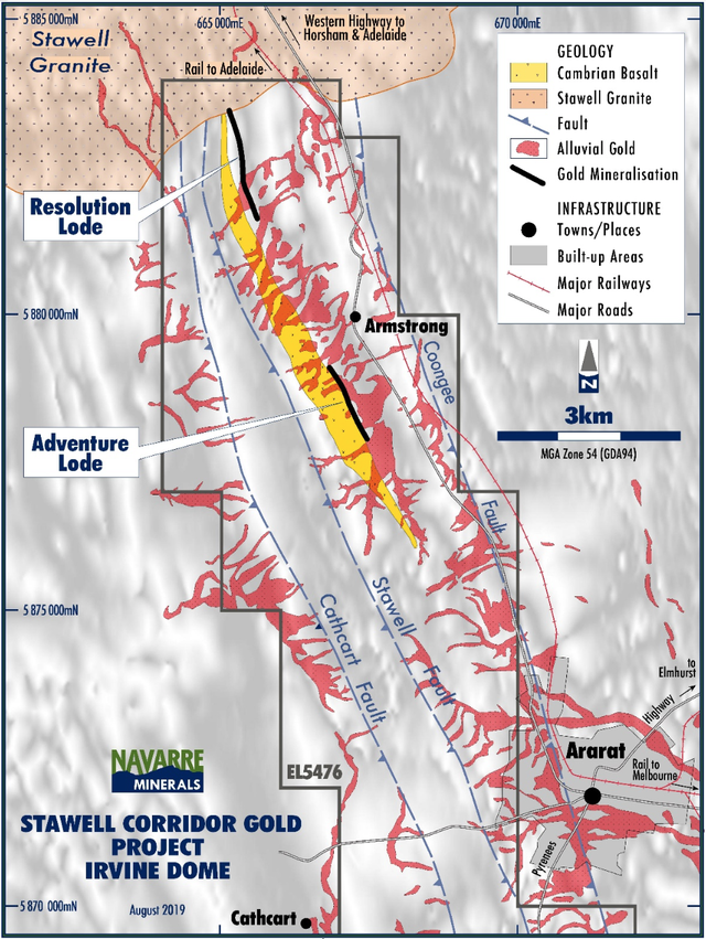 Irvine basalt dome (yellow) and Resolution and Adventure lodes, relative to alluvial gold workings of the historical 1Moz Ararat Goldfield