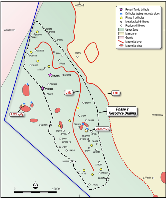Plan showing location of VDD001 and VRC001 as well as historical and planned drilling