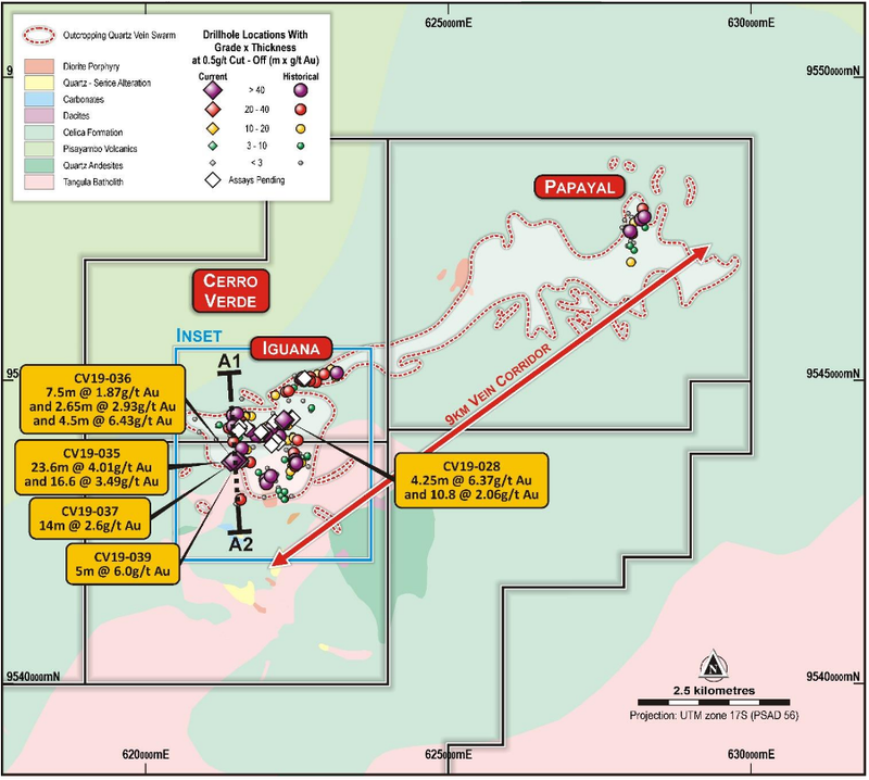Dynasty Project geology summary and outline of mapped extent of the vein swarm with drill collar locations illustrated by grade multiplied by drilled thickness values for intercepts at a greater than 0.5g/t Au lower cut-off
