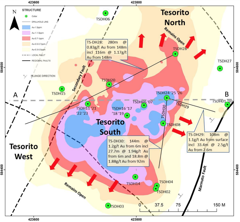 Plan view of Tesorito South showing locations of latest drill hole assay data. Tesorito South remains open to the north and to the south. Based on the results of TS-DH29 & TS-DH30, there is also scope to expand gold envelopes eastward up to the Marmato Fault