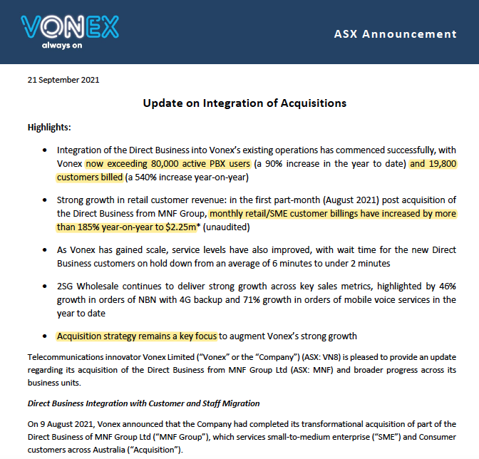 Update on Integration of Acquisitoin