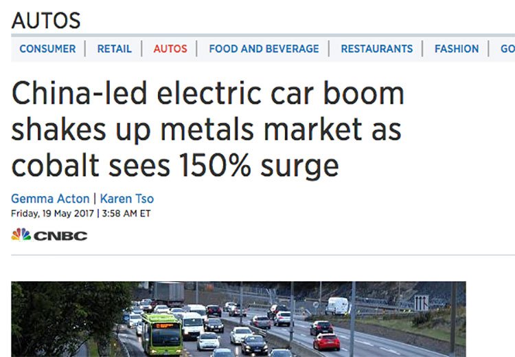 China's appetite for electric cars has seen Cobalt price surge