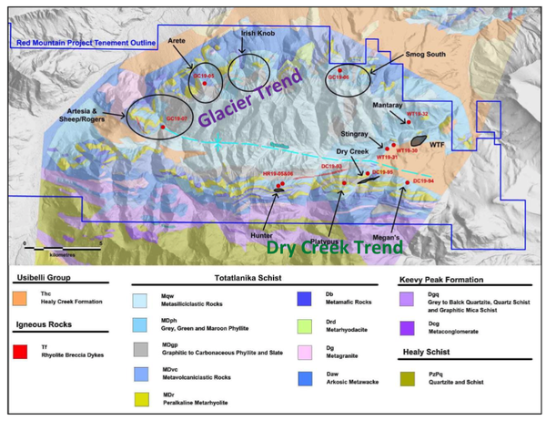 Location of 2019 drilling activities on the DGGS geology map (after Freeman et al., 2016) and terrain surface with locations for the Dry Creek and WTF VMS deposits.