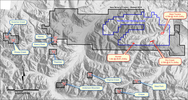 Red Mountain Project tenement outline on terrain map with locations for the Dry Creek and West Tundra Flats VMS deposit Mineral Resources, the new discovery at the Hunter Prospect and outlier VMS prospects.