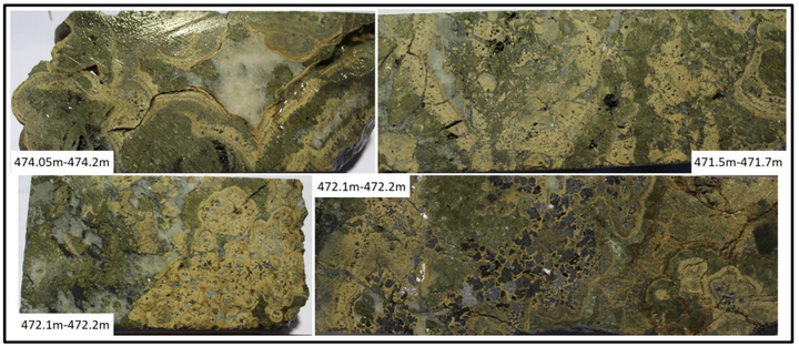 Spectacular colliform textures in massive sulphide mineralisation from 027. Tan is sphalerite, greenish is marcasite, and dark grey is galena. Note the abundant galena crystals in the bottom right photograph.
