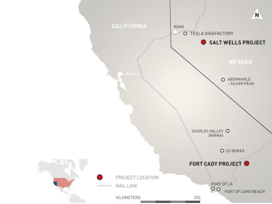 Location of the Fort Cady Project, California and the Salt Wells Projects, Nevada