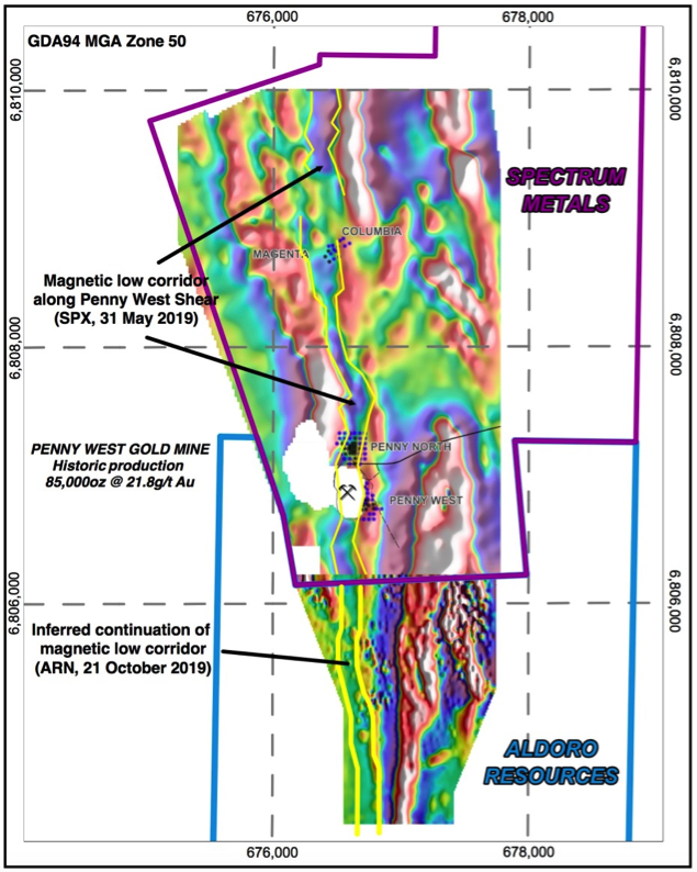 The neighbouring Penny West project has been shown by Spectrum Metals to sit within a north-south trending magnetic. 