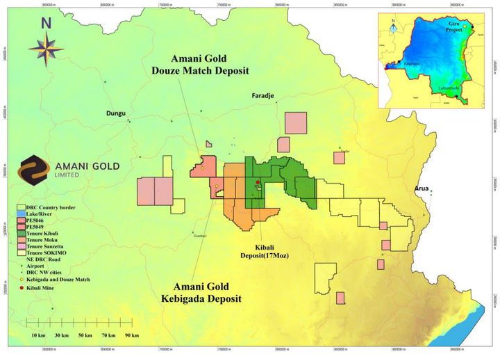 Haute Uele Province of the DRC, showing the location of the Kebigada and Douze Match gold deposits, Giro Gold Project