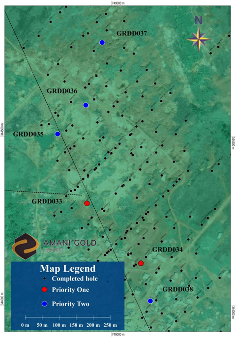 Map of central Kebigada gold deposit, showing the location of planned diamond core drillhole locations (Priority One holes in RED, Priority Two in BLUE)