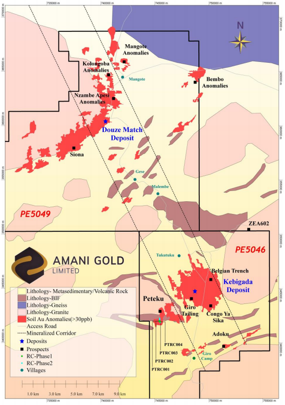   Giro Gold Project, showing surface geology, Kebigada and Douze Match gold deposits, selected prospects, Au in soil anomalies and Peteku RC drillholes PTRC001-PTRC004