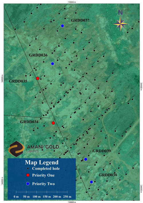 Map of central Kebigada gold deposit, showing the location of diamond core drillholes GRDD034 and GRDD035 and planned drillhole locations (Priority One holes in RED)