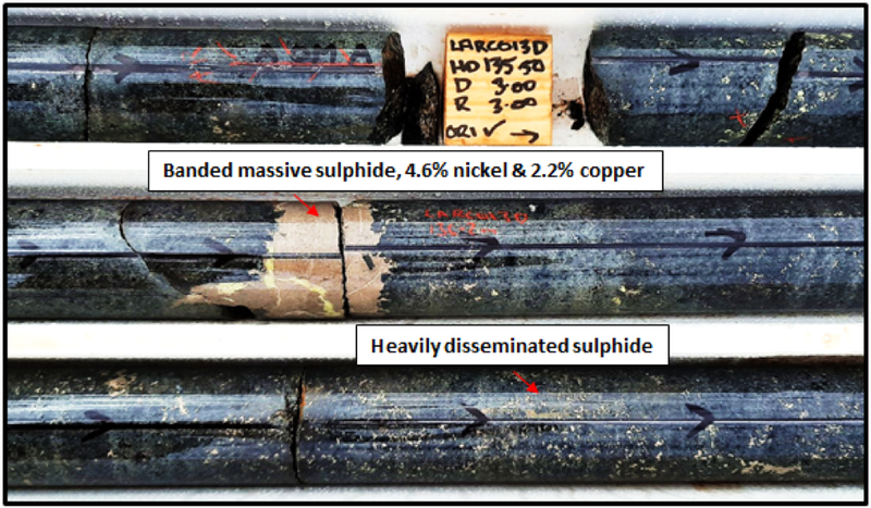 Disseminated, blebby and banded sulphide mineralisation.