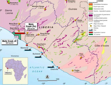 Location of Tawana Resources’ (ASX:TAW) Mofe Creek iron ore mine in Liberia