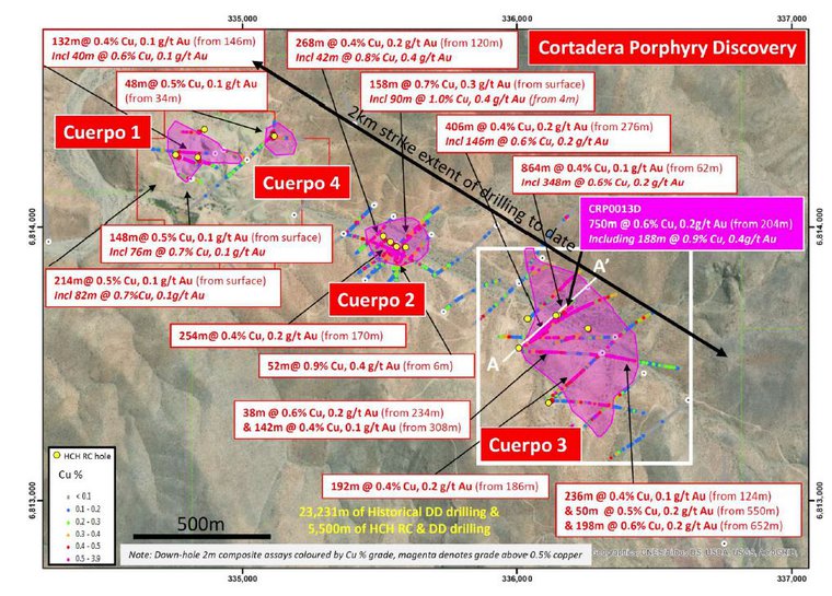 Plan view across the Cortadera discovery area displaying significant historical copper-gold DD intersections across Cuerpo 1, 2 and 3 tonalitic porphyry intrusive centres.