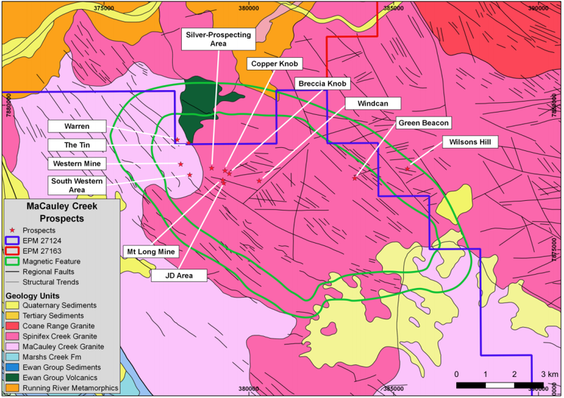 Project geology showing the dominant granitic terrain (various pink shaded areas). There are 12 known mineralised prospects in the vicinity of MaCauley Creek – eleven of which occur fully within the EPM area.