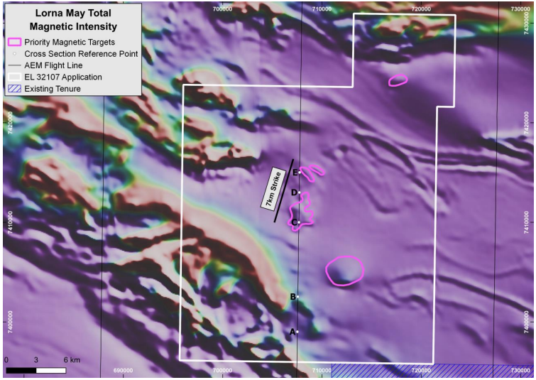 Total magnetics image of Lorna May showing subtle magnetic features (pink lines) within a generally unchanging low-response magnetic terrain