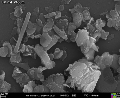 Platy Kaolinite with Halloysite tubes and polygonal prisms shown from samples taken from location 4 – largest tube is 1200nm long .