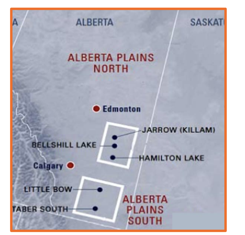 Location of principal Alberta Plains Properties in Alberta, Canada.