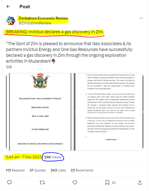 Zimbabwe press Invictus Gas Discovery