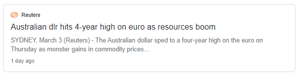Australian dir hits 4-year high on euro as resources boom