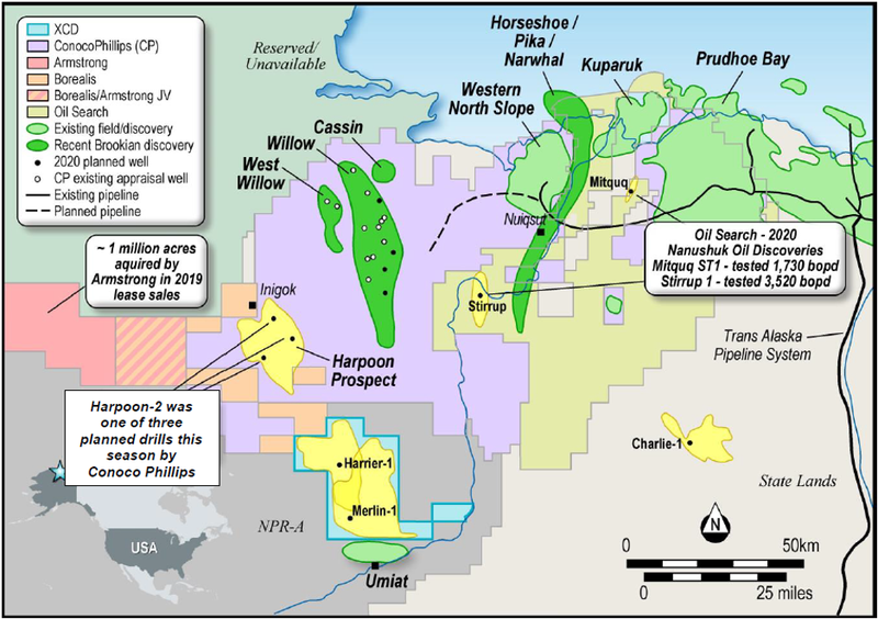 Project Peregrine (blue) lease position relative to ConocoPhillips Harpoon Prospect and Willow Oil Field.