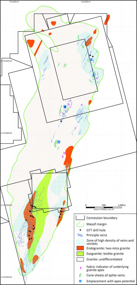 Schematic geological map of Santa Comba massif highlighting spatial extent of endogranite lithology prospective for near-surface tungsten mineralisation. Drill holes previously completed also shown