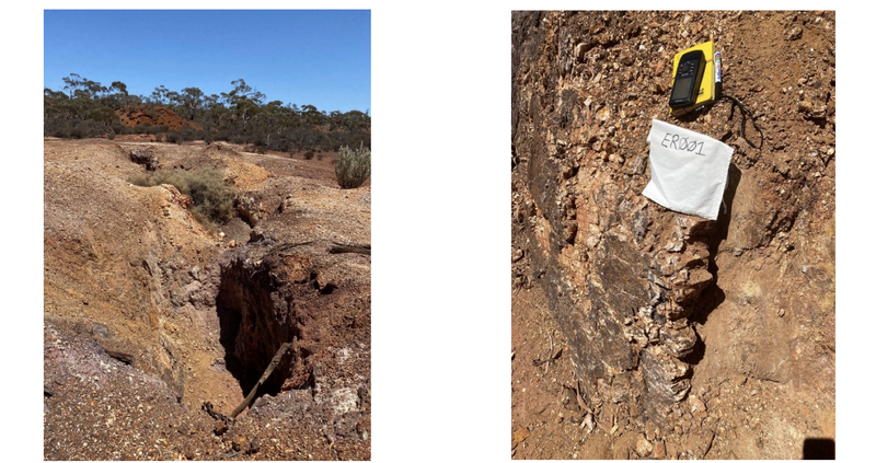 Photo 1: Looking NW along the line of workings. Photo 2: Quartz vein material in shear zone sampled.