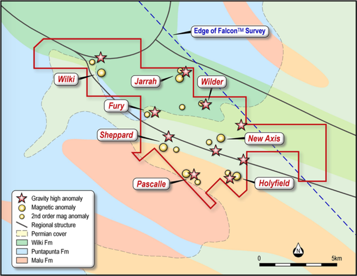 Geological map of Pascalle Gold Project showing target areas in relation to identified magnetic and gravity anomalies. The survey was conducted West of the blue dotted line