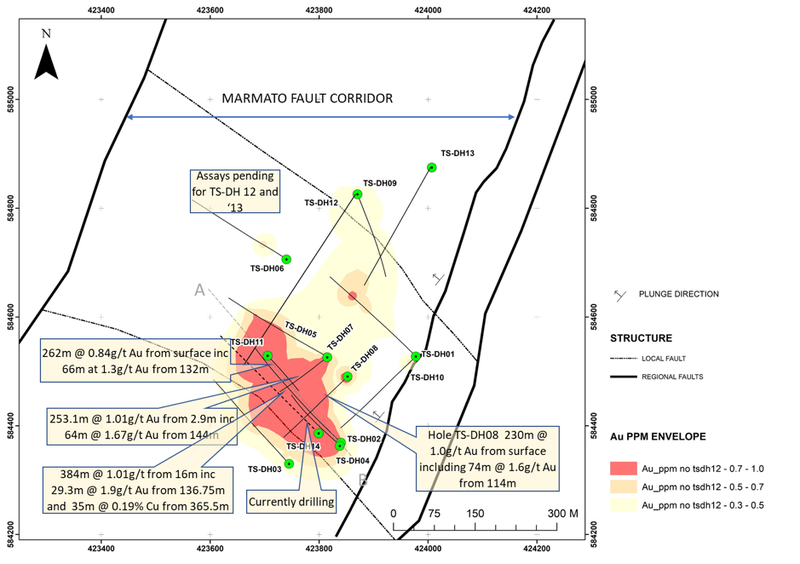 Plan view of Tesorito. The current hole (TS-DH14) is a ‘step in’ from TS-DH02 which has delivered the longest intercept to date and ended in elevated copper. 